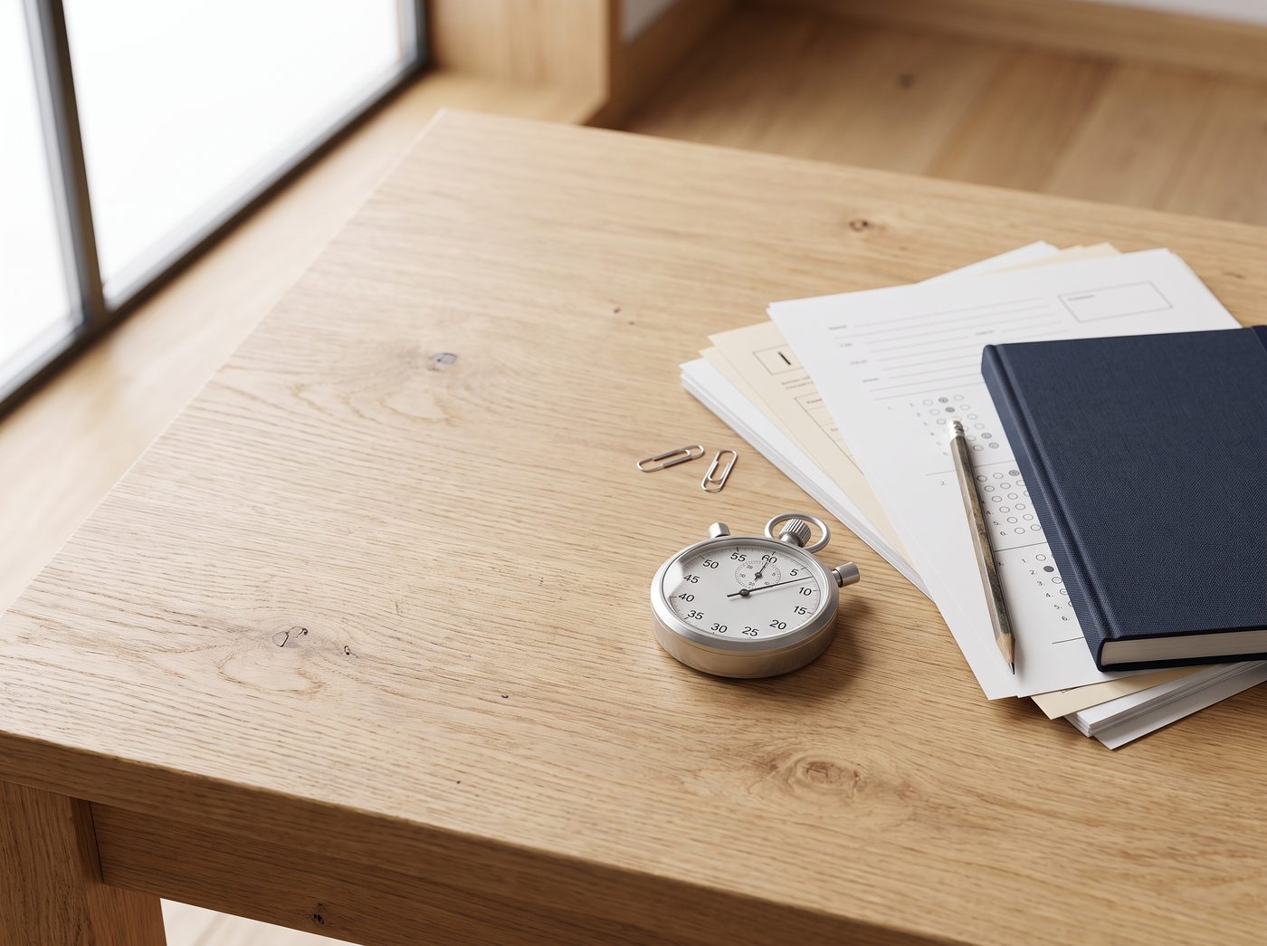 A tablet showing the full-length mock exam: a multiple-choice question, the running timer, and the question counter
